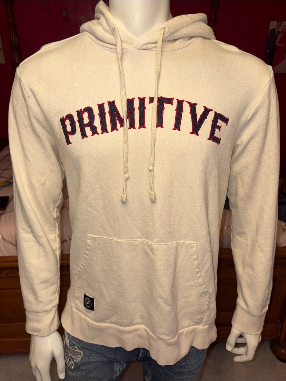 Primitive Cream Hoodie with Red and Navy Arch Logo